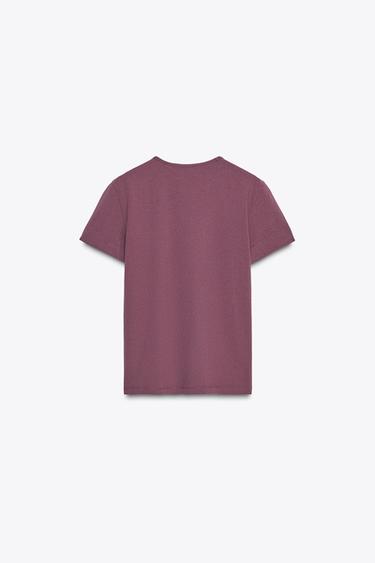SHORT SLEEVE RUSTIC COTTON T-SHIRT - Burgundy by Zara - Image 3