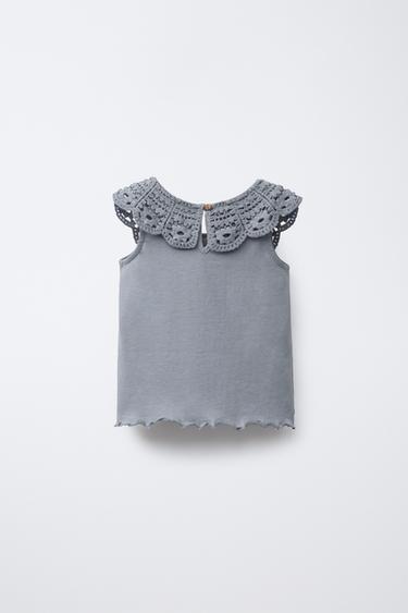 T-SHIRT COL EN CROCHET - Bleu / Gris de Zara - Image 1
