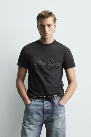 Zara WASHED TEXT CROPPED FIT T-SHIRT - Anthracite grey