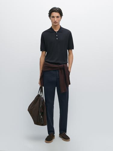 Zara Cotton blend knit polo shirt - Navy blue - Image 0