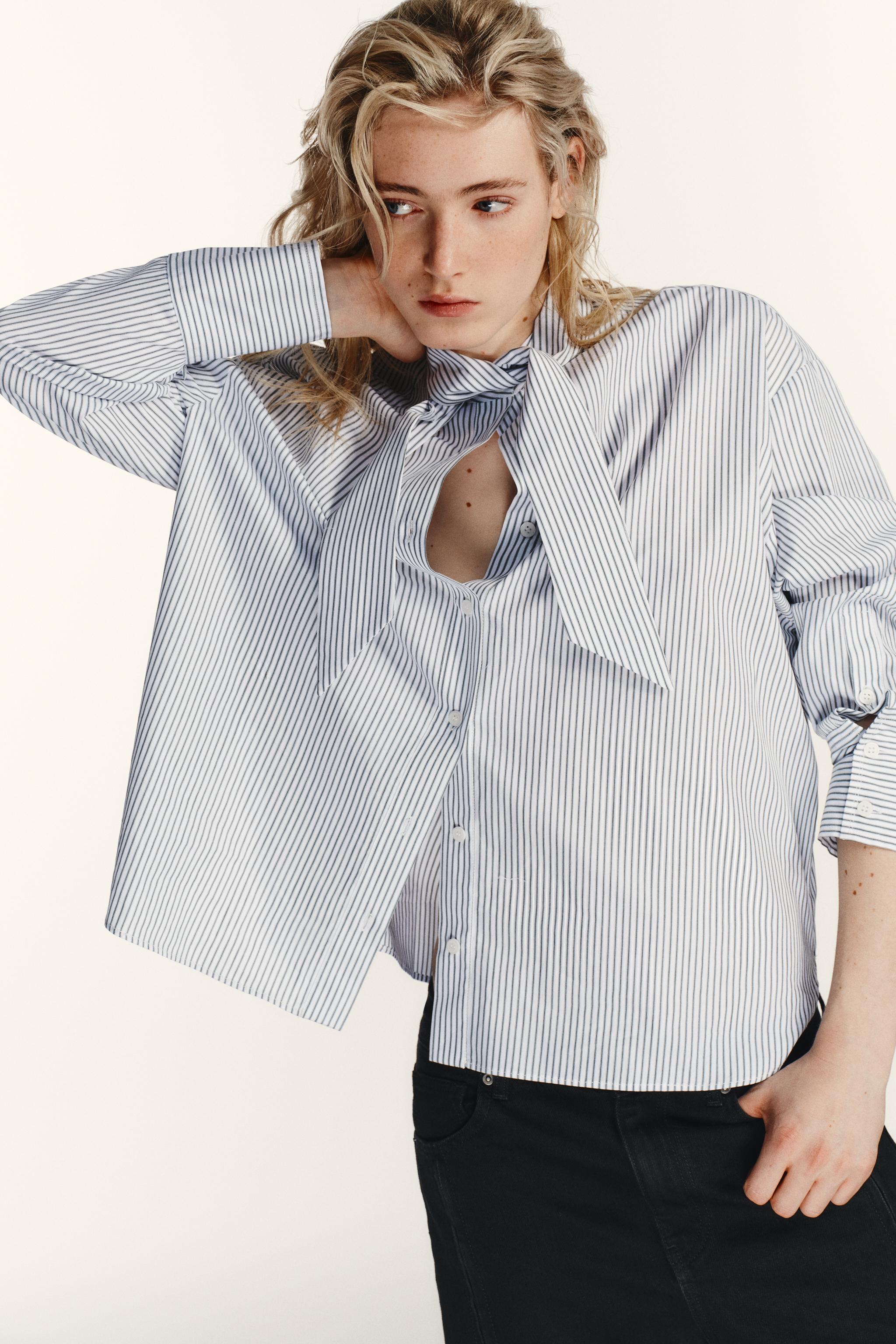 STRIPED POPLIN SHIRT WITH SCARF DETAIL - White / Green | ZARA