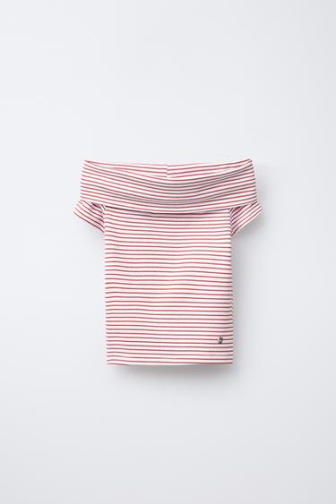 Zara STRIPED OFF-THE-SHOULDER T-SHIRT - Red / White - Image 0