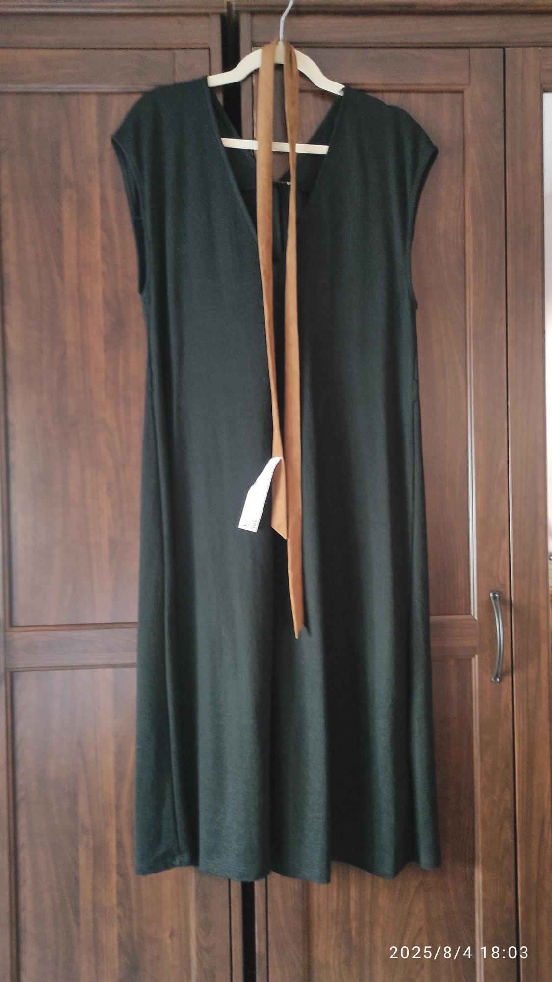 Sleeveless black dress hanging on a wooden hanger, with brown ribbon, in front of a wooden wardrobe. Date: 2025/8/4 18:03.