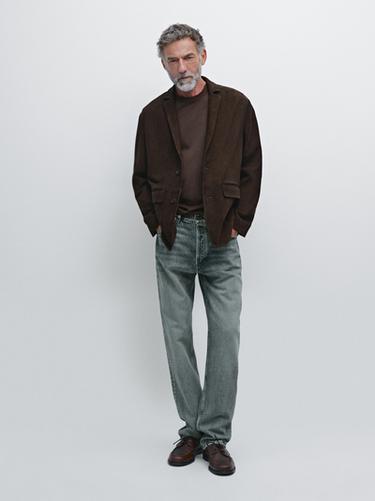 Zara Suede leather blazer with seam details - Dark brown