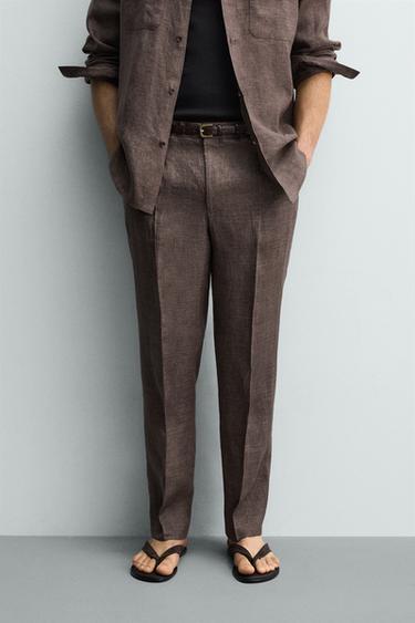 Zara REGULAR FIT 100% LINEN PANTS - Brown marl