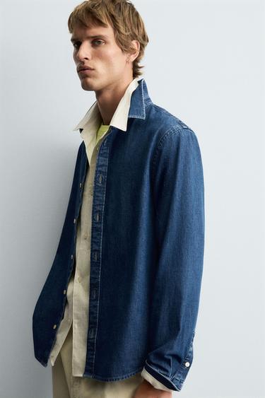 DENIM SHIRT WITH TOPSTITCHING - Mid-blue by Zara - Image 4