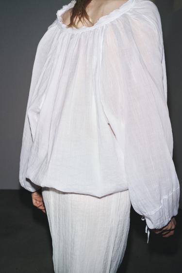 ZW COLLECTION TIE-DETAIL ROUND NECK SHIRT - White by Zara