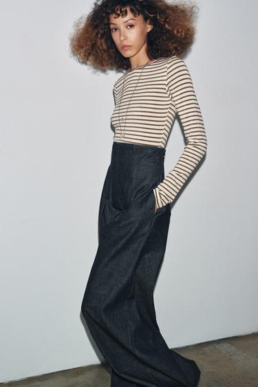 STRIPED LONG SLEEVE T-SHIRT - Ecru / Brown by Zara - Image 1