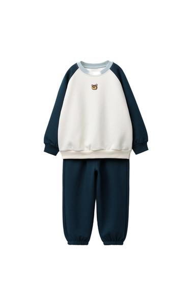 Zara COLOR BLOCK BEAR SWEATSHIRT AND JOGGER PANTS SET - Blue - Image 0