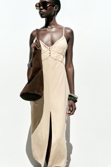 LINEN BLEND MIDI STRAPPY DRESS - Beige by Zara - Image 1