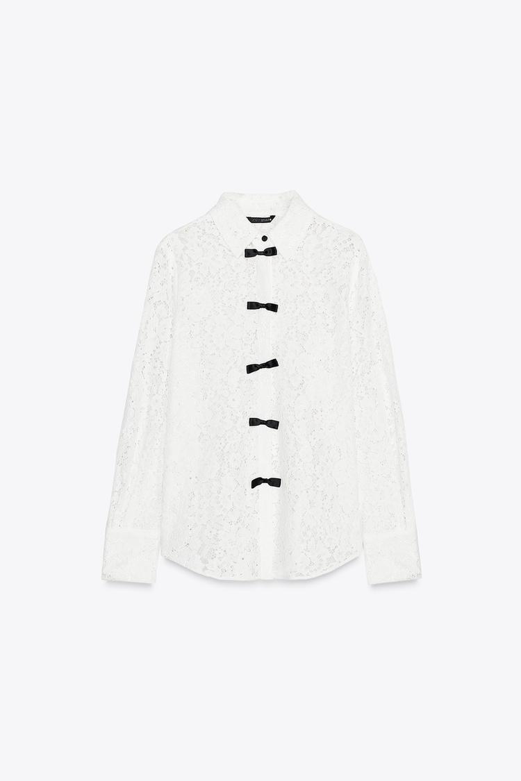 LACE SHIRT WITH BOWS - White by Zara - Image 4