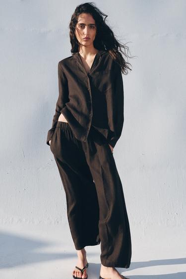 بنطلون BARREL كتان ZW COLLECTION - بني by Zara