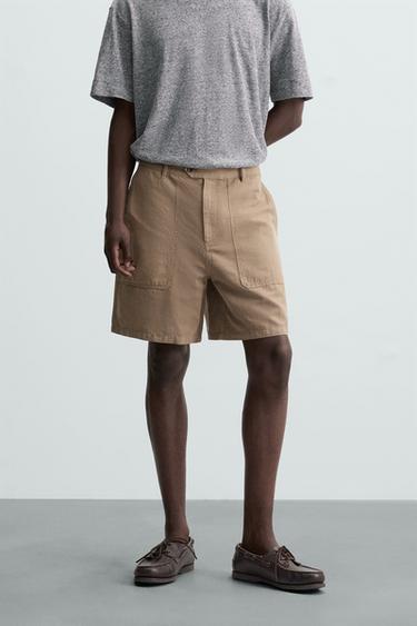WASHED COTTON-LINEN BERMUDA SHORTS - Beige by Zara