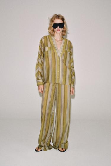 Zara ZW COLLECTION STRIPED TROUSERS - Green stripe