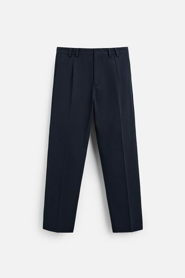 Zara TEXTURED PLEATED PANTS - Navy blue