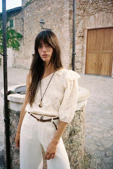 ASYMMETRIC EMBROIDERED TOP - Ecru by Zara