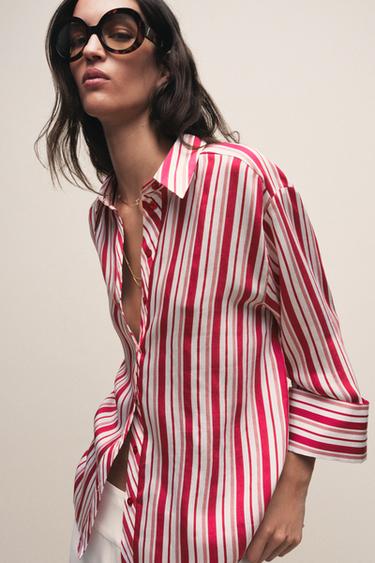 CHEMISE À RAYURES À MANCHES RETROUSSÉES - Rouge / Blanc de Zara - Image 1