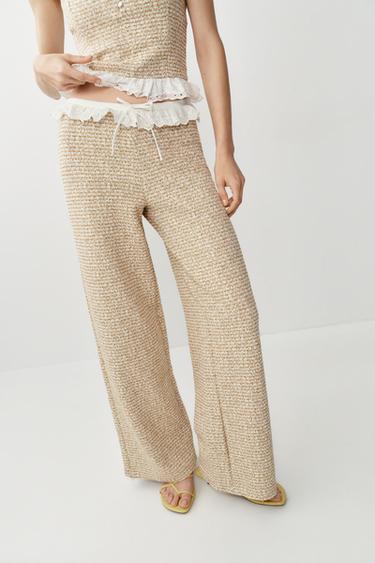 RUFFLED TEXTURED TROUSERS - Ecru / Brown by Zara