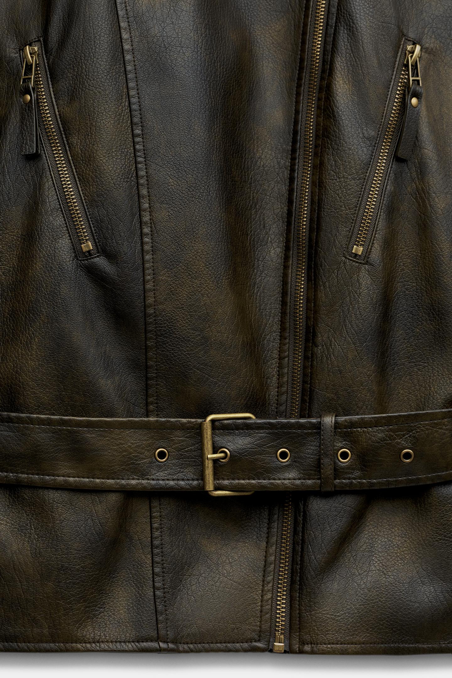 Женская куртка Zara Belted Faux Leather, цвет: Тёмный хаки — фото 9