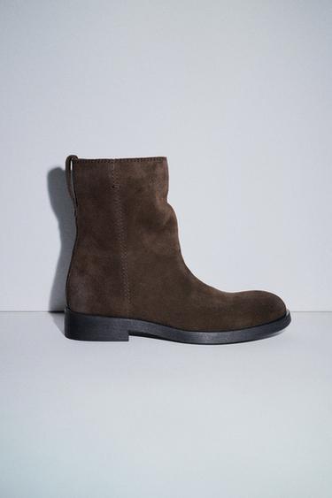 Zara SPLIT LEATHER FLAT ANKLE BOOTS - Brown