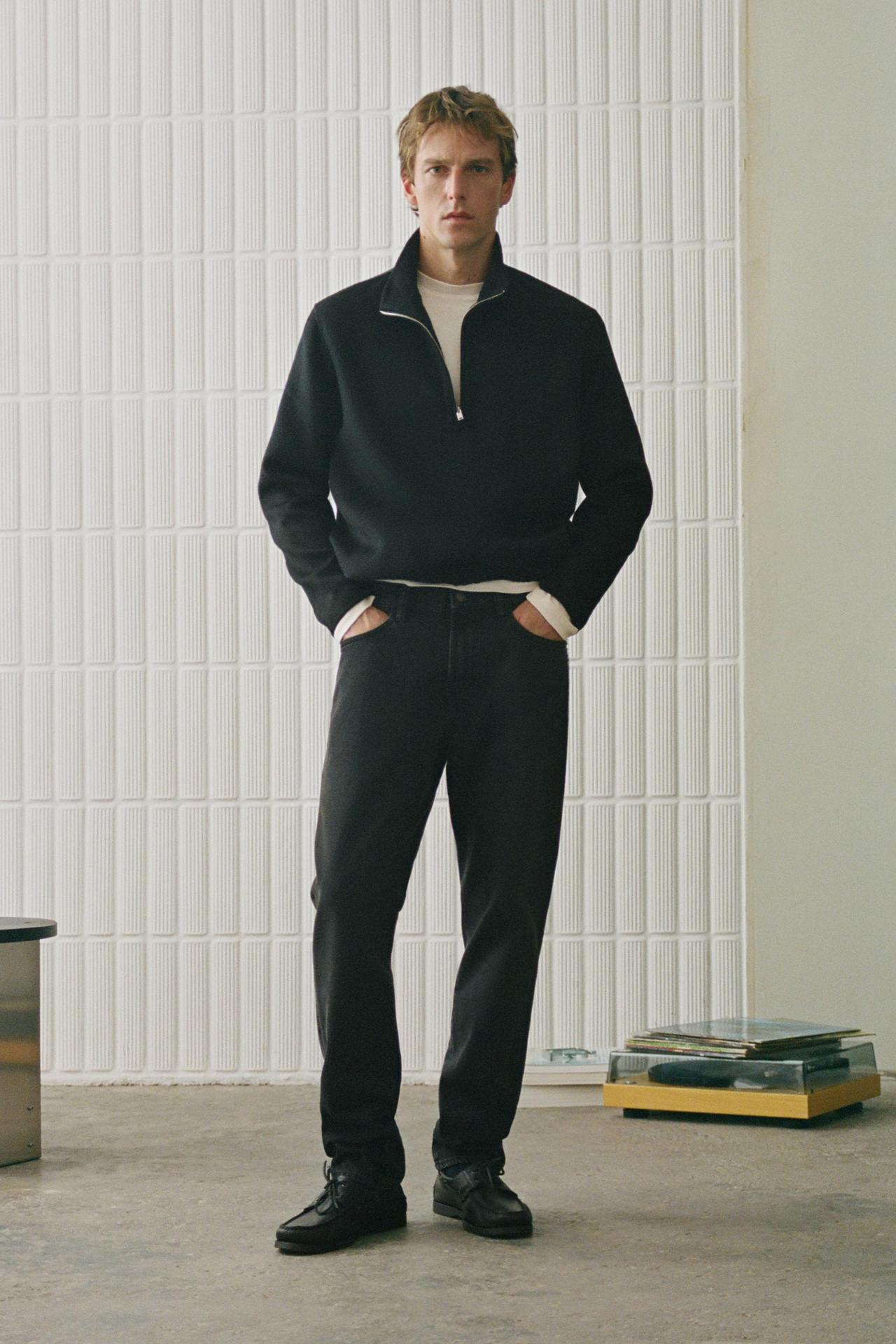 Wool blend double-faced mock neck sweatshirt — Navy blue