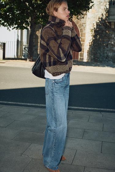 CHECKED KNIT BOMBER JACKET - Brown / Ecru by Zara - Image 2