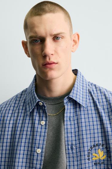 CHEMISE COURTE AJUSTÉE À CARREAUX BRODÉE - Bleu de Zara - Image 5