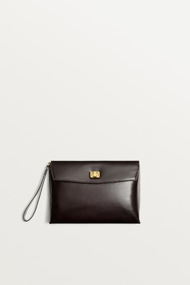 LEATHER CLUTCH - Brown by Zara