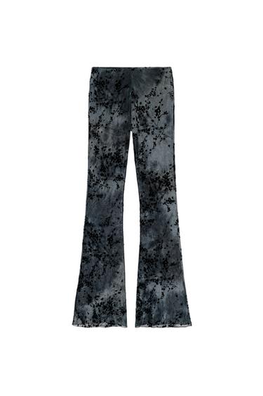 Zara FLOCKED TULLE FLARE PANTS - Dark navy