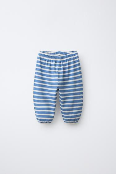 Zara STRIPED JOGGING PANTS - Ecru / Blue - Image 0
