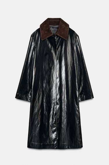 Zara ZW COLLECTION 限量版亮面撞色領風衣 - 黑色