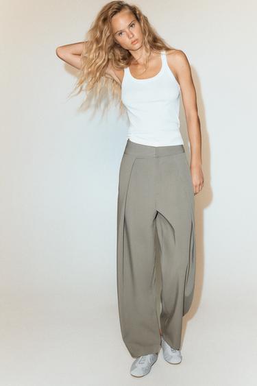 STRIPED PLEATED BALLOON TROUSERS - Grey green by Zara