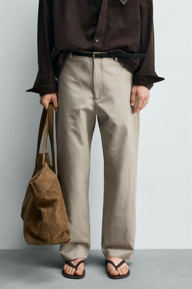 PANTALLONA RELAXED FIT PAMBUK - LINO - Ngjyrë kastori nga Zara