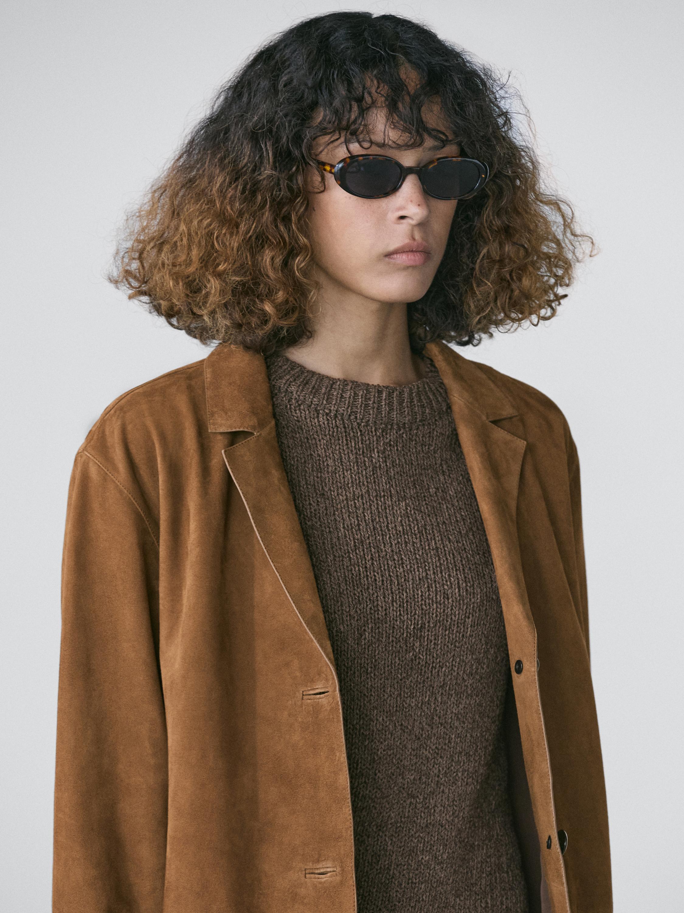 Blazer col à revers 100% cuir finition daim