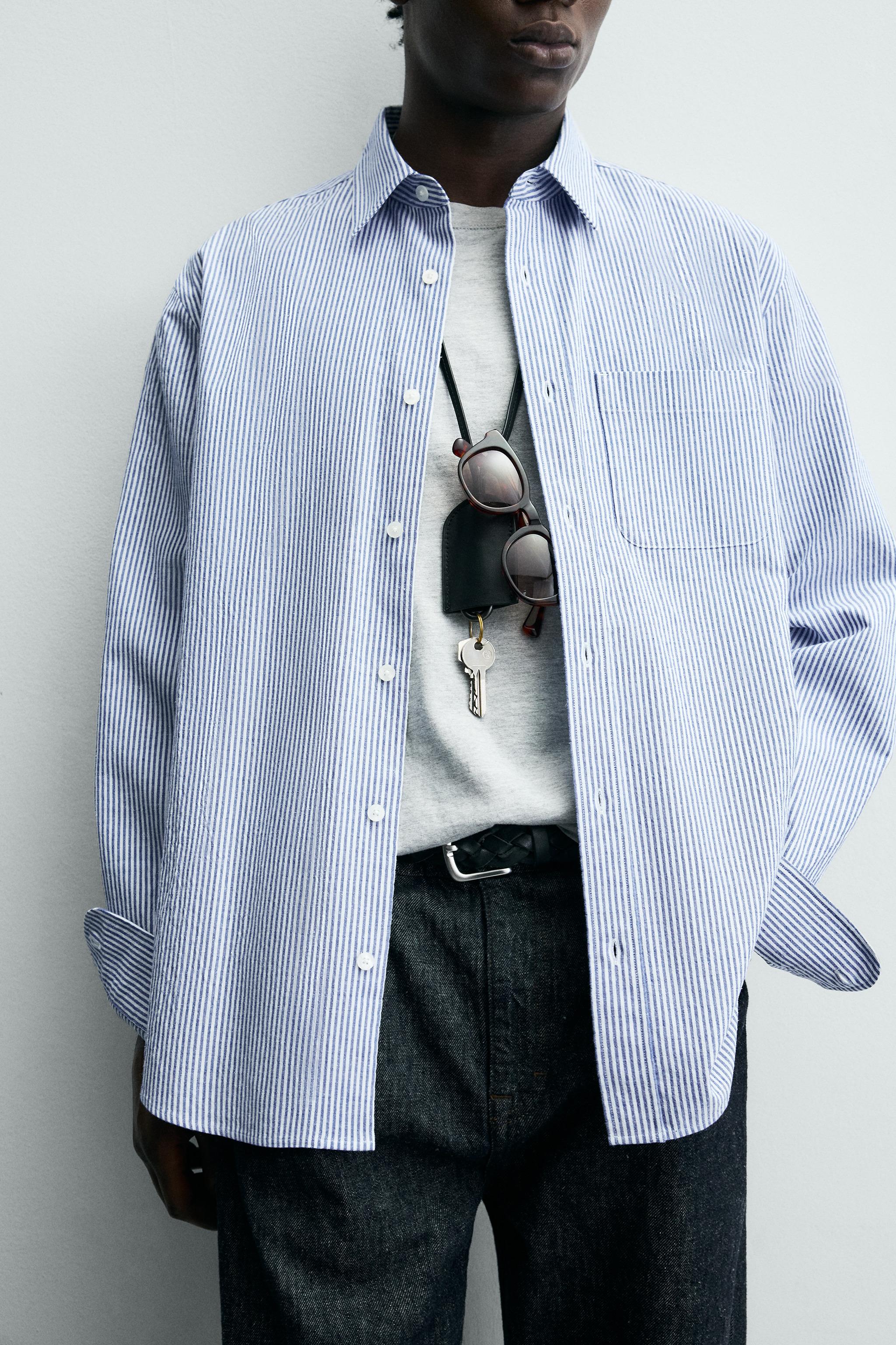 リンクル加工ストライプシャツ - 青色/白色 | ZARA Japan / 日本