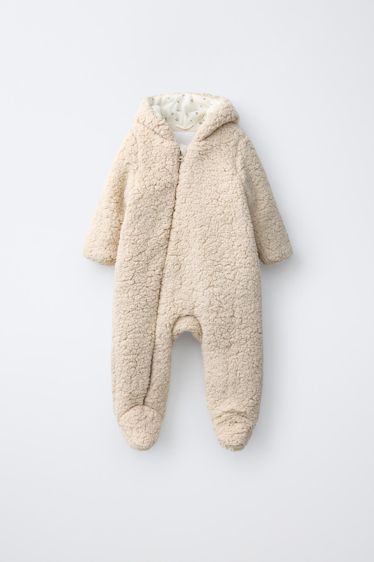 FAUX SHEARLING HOODIE JUMPSUIT — Light beige