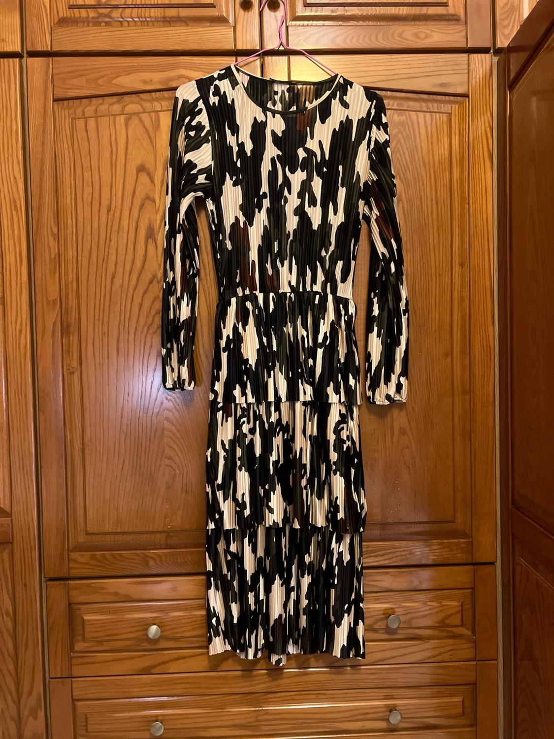 Long-sleeved pleated dress, in a black and white abstract print with a tiered skirt, hanging in a homely wooden wardrobe.