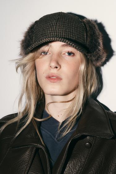 Zara 格紋羊毛護耳帽 - 棕色 - 圖片 0