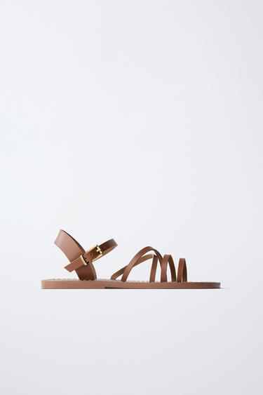 LEATHER STRAPPY SANDALS - Brown by Zara