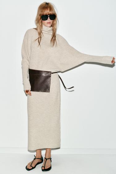 Zara BATWING SLEEVE KNIT DRESS - Sand / Marl