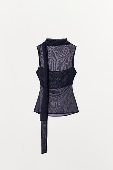 TOP EN TULLE ET FOULARD - Bleu de Zara - Image 6