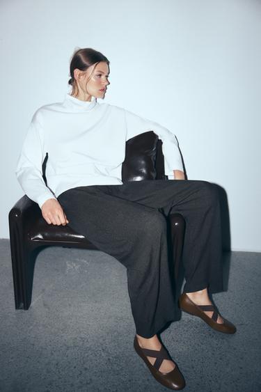 LEATHER BALLERINA SHOES WITH ELASTICATED CROSSOVER STRAPS - Chocolate Brown by Zara