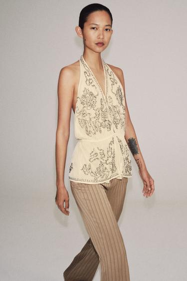 Zara ZW COLLECTION LIMITED EDITION EMBROIDERED HALTER TOP - Beige