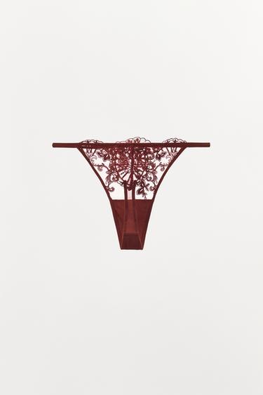 TANGA EN DENTELLE BRODÉE - Rouge foncé de Zara - Image 3