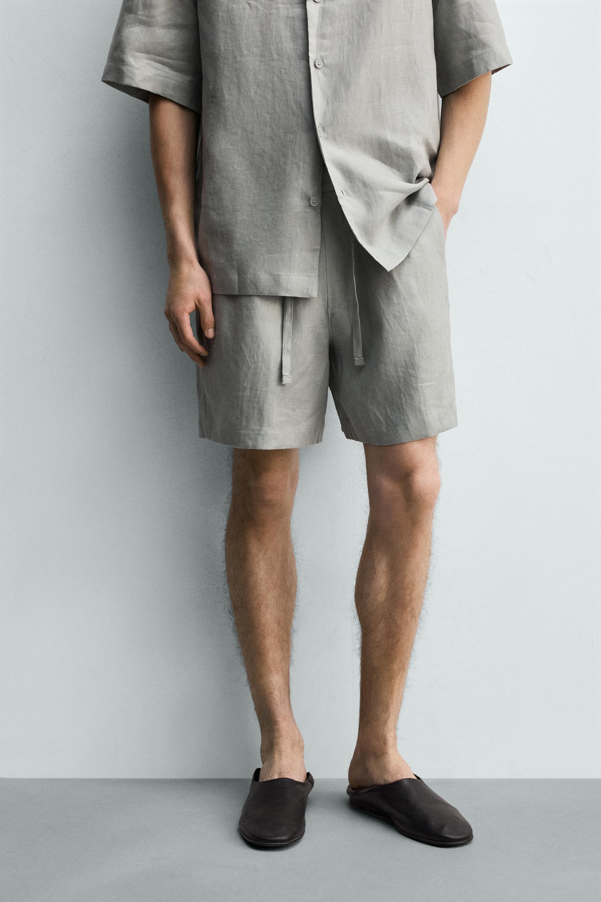 100% LINEN RELAXED FIT SHORTS — Light gray