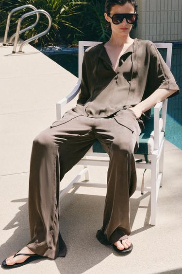 ZW COLLECTION FLYDENDE BLUSE MED BINDING - grå fra Zara