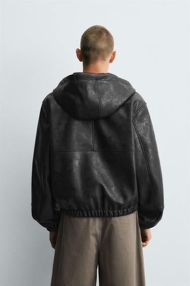 HOODED LEATHER EFFECT JACKET - Black by Zara - Image 2