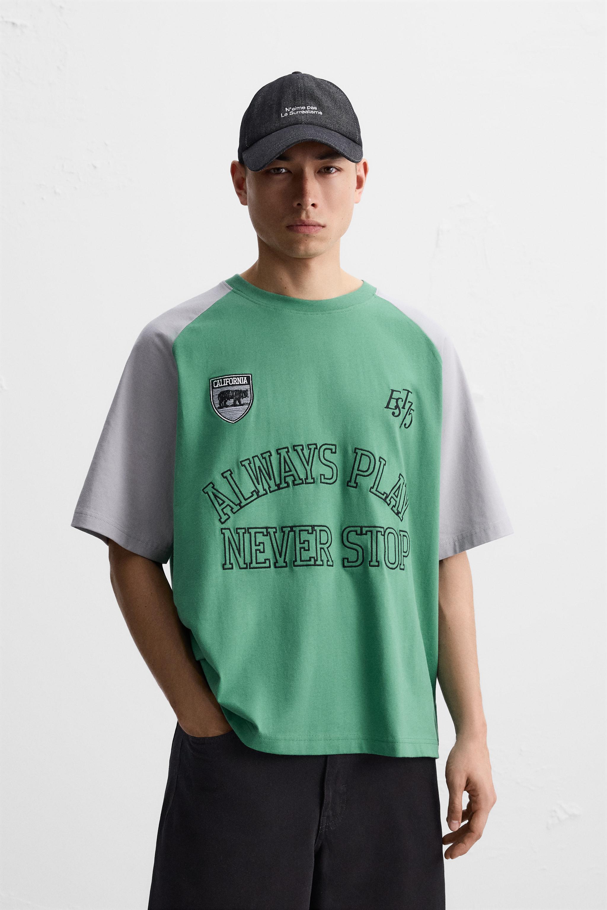 T-SHIRT WITH EMBROIDERED PATCH - Green | ZARA New Zealand