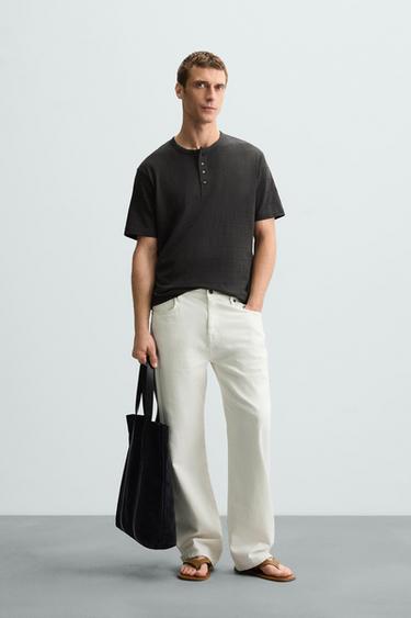 STRIPED GRANDAD COLLAR T-SHIRT - Khaki by Zara - Image 0