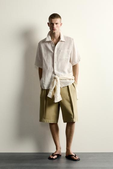 100% LINEN STRIPED JACQUARD SHIRT - Beige by Zara